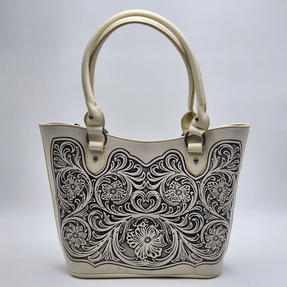 Trinity Ranch Western Floral Embossed Leather White Tote Bag